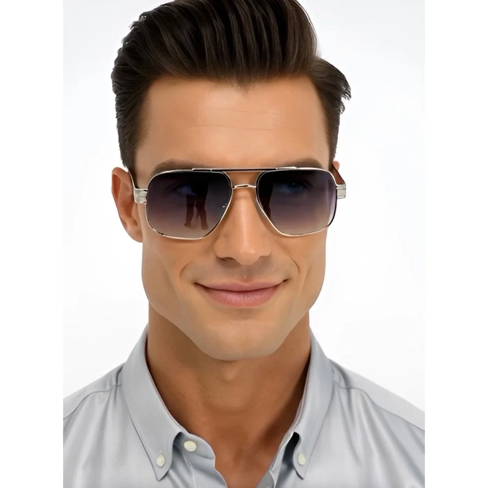 Mens Silver Square Aviator‎ Sunglasses Smoke Gradient Lens Engraved Metal Frame